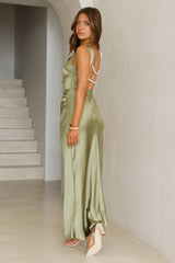 Crystal Shine Satin Maxi Dress Olive