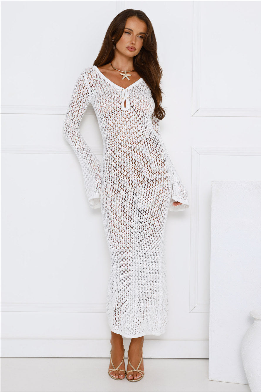 Sailing Into Sunset Knit Long Sleeve Maxi Dress White