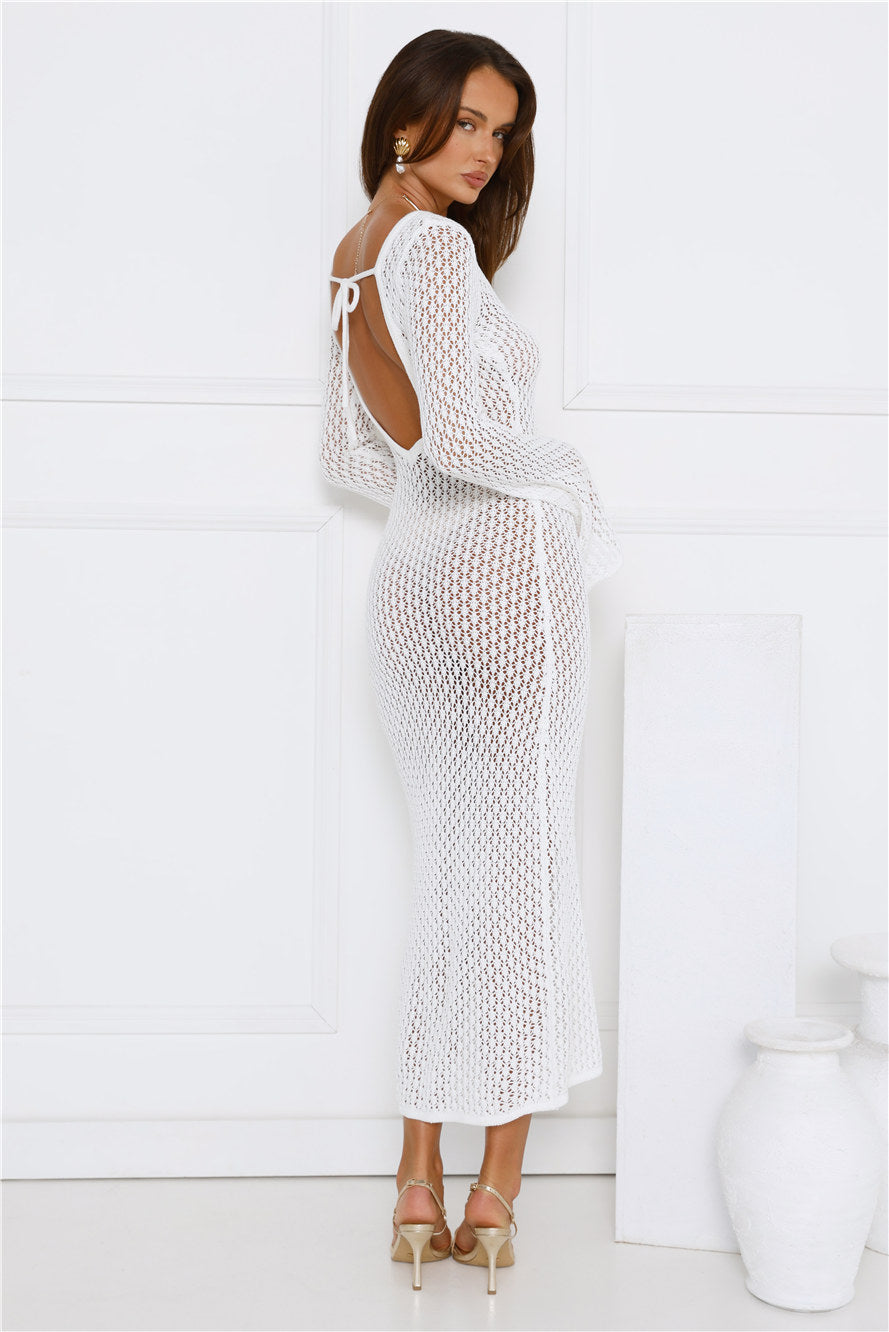 Sailing Into Sunset Knit Long Sleeve Maxi Dress White