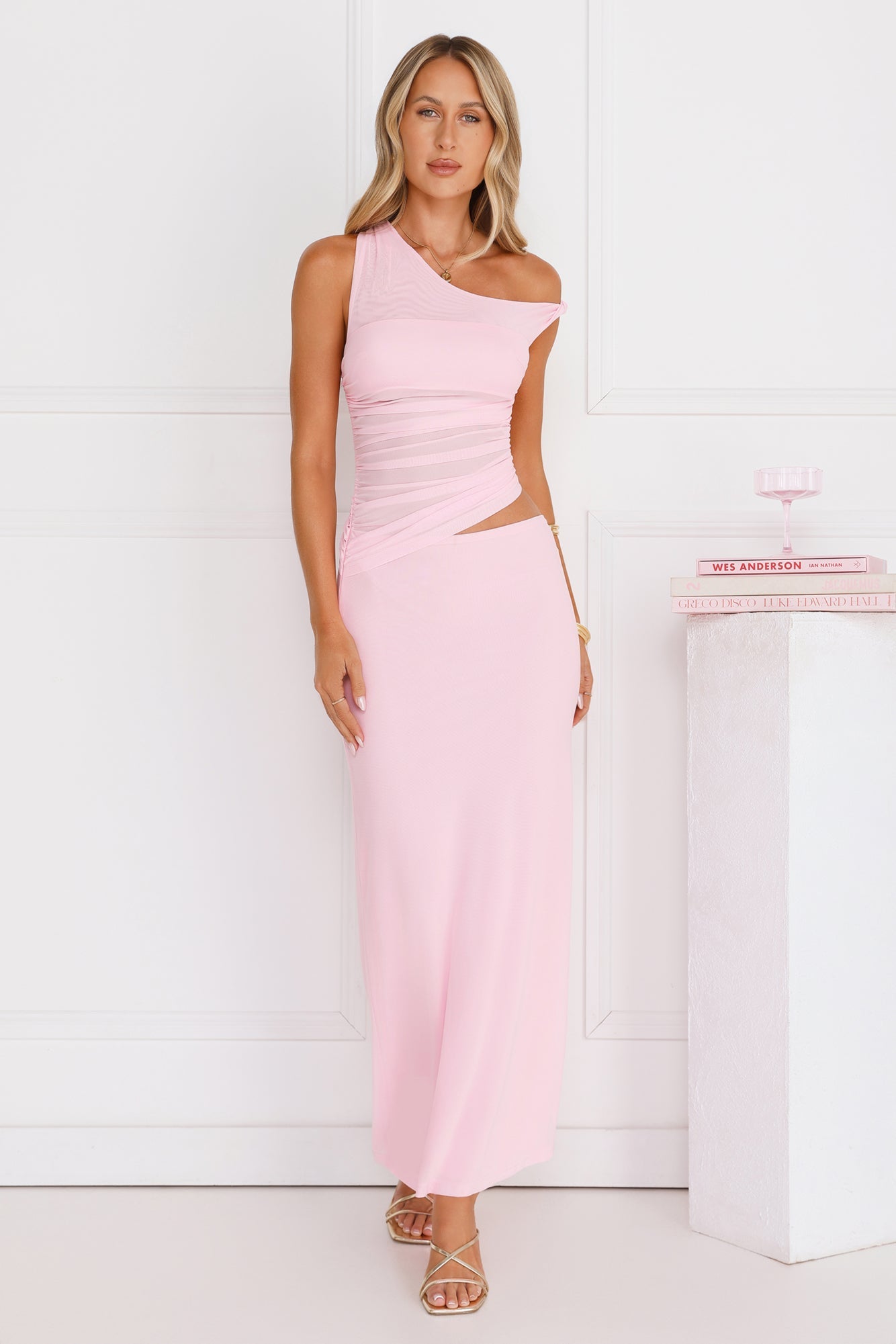 Everyday Pretty Off Shoulder Mesh Maxi Dress Pink