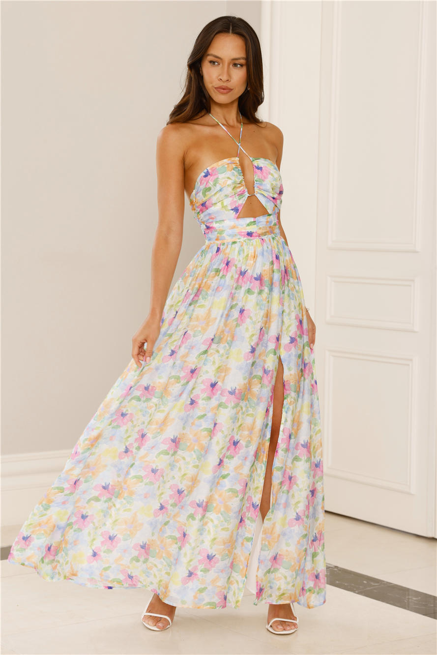 Hibiscus Hues Halter Maxi Dress Print