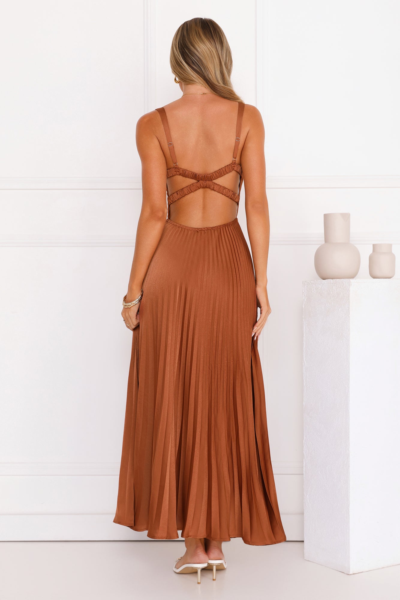 Evening Reverie Pleated Maxi Dress Brown