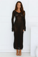 Sailing Into Sunset Knit Long Sleeve Maxi Dress Black