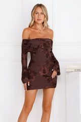 Styled To Impress Off Shoulder Mesh Mini Dress Chocolate