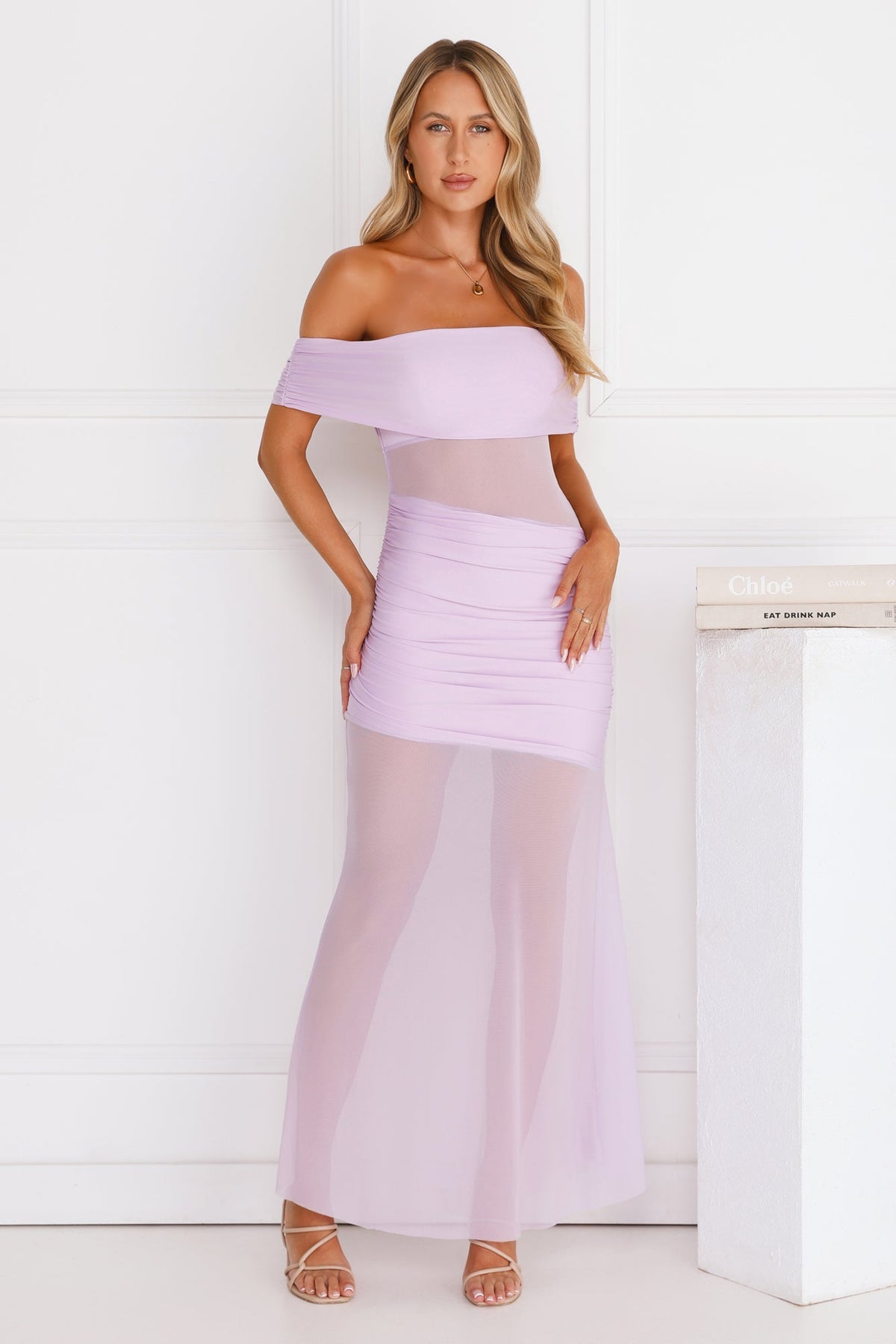 Subtle Spark Off Shoulder Mesh Maxi Dress Lilac
