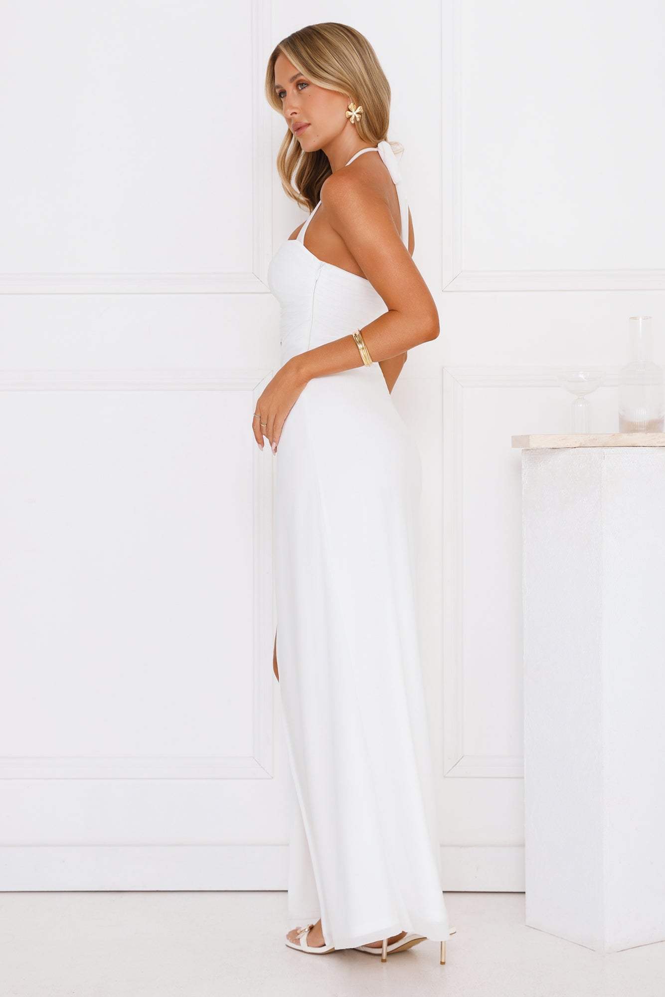 Shimmering Sea Stars Halter Maxi Dress White