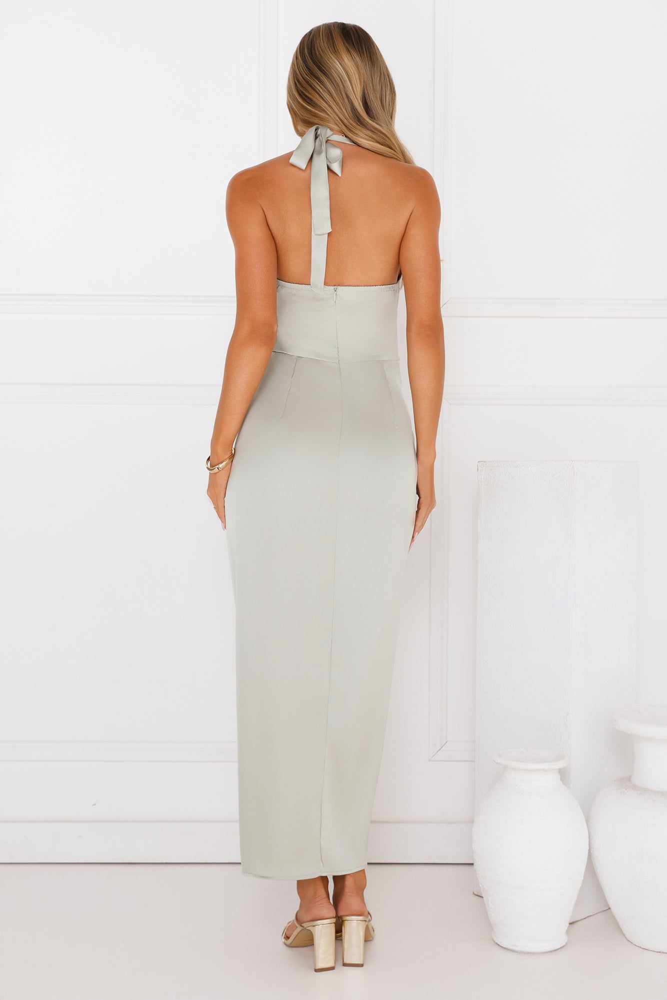 Silken Promise Satin Halter Maxi Dress Sage