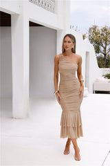 Misty Isles One Shoulder Mesh Maxi Dress Gold