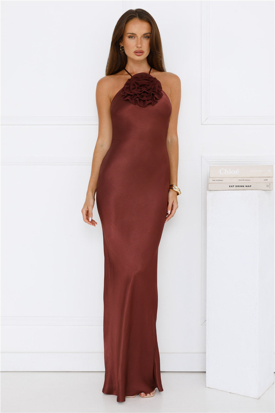 Piazza Nights Satin Maxi Dress Chocolate