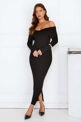 Off Duty Runway Ribbed Off Shoulder Maxi Dress Black