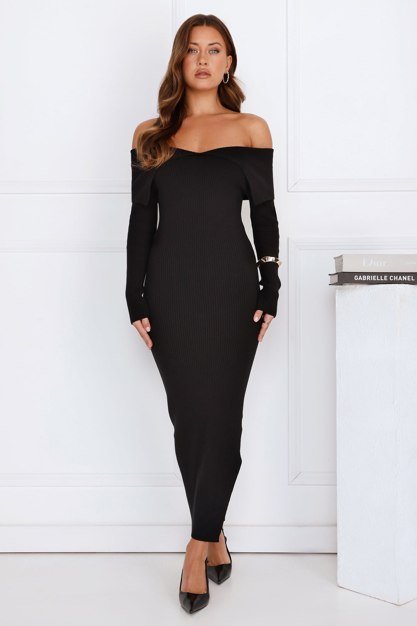 Off Duty Runway Ribbed Off Shoulder Maxi Dress Black