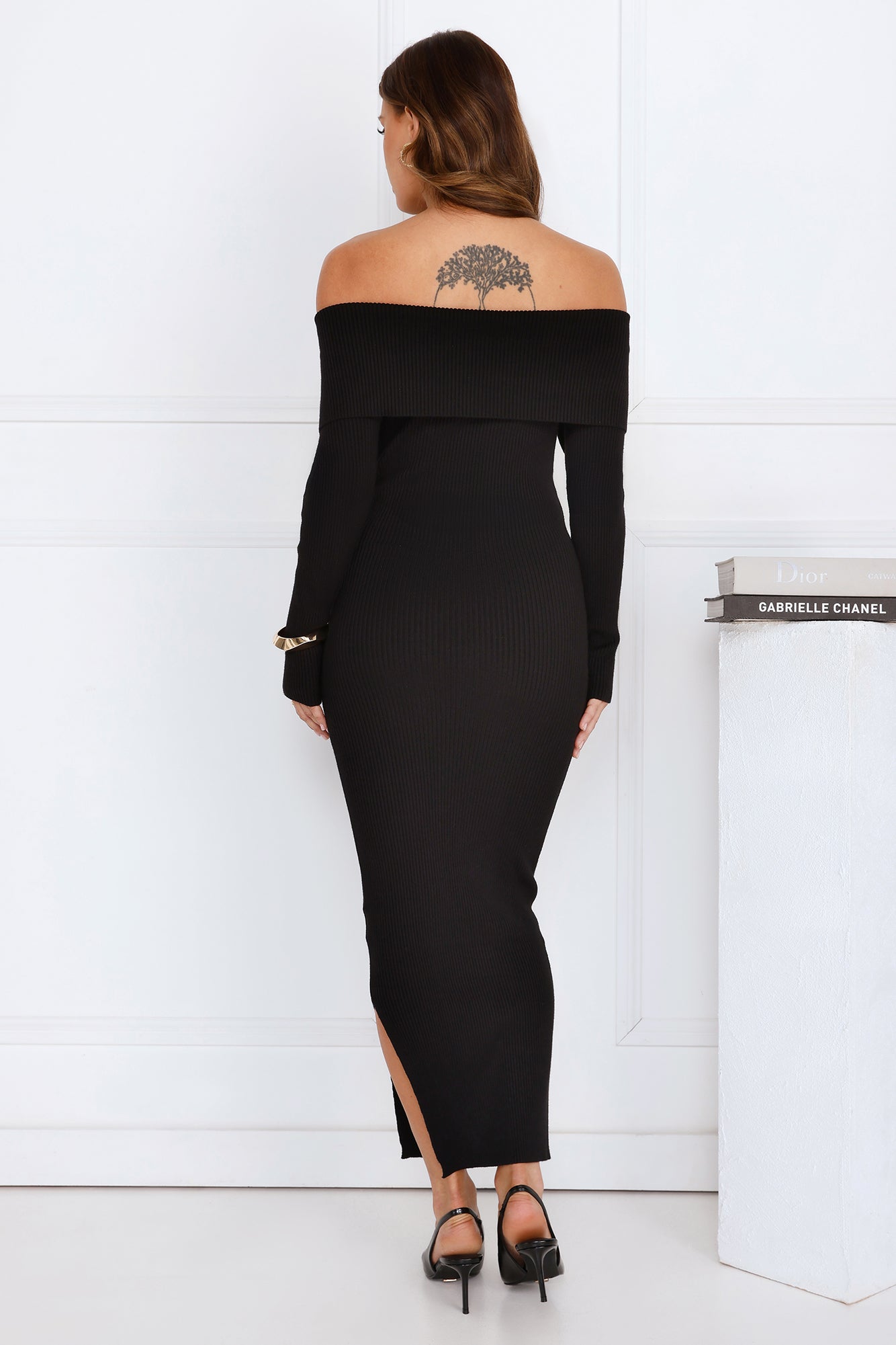 Off Duty Runway Ribbed Off Shoulder Maxi Dress Black