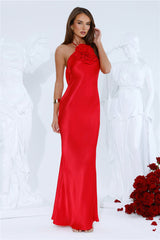 Piazza Nights Satin Maxi Dress Red