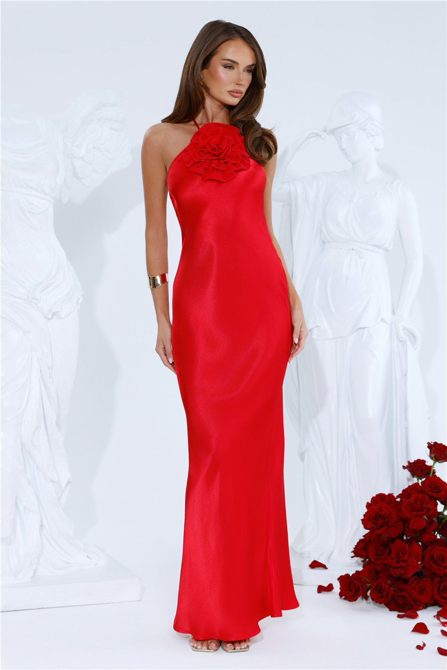 Piazza Nights Satin Maxi Dress Red
