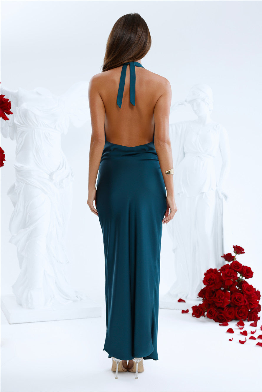 Hot Girl Soirée Halter Satin Midi Dress Teal