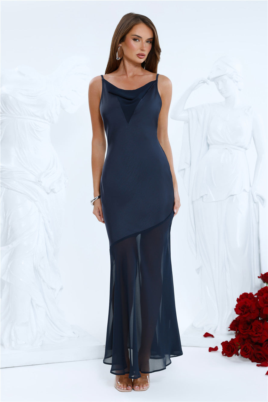 Elegant Simplicity Satin Maxi Dress Navy