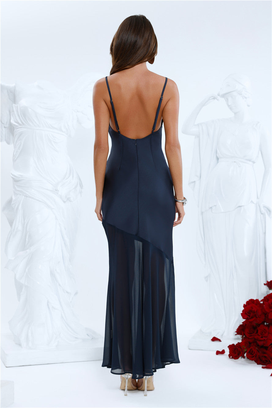 Elegant Simplicity Satin Maxi Dress Navy