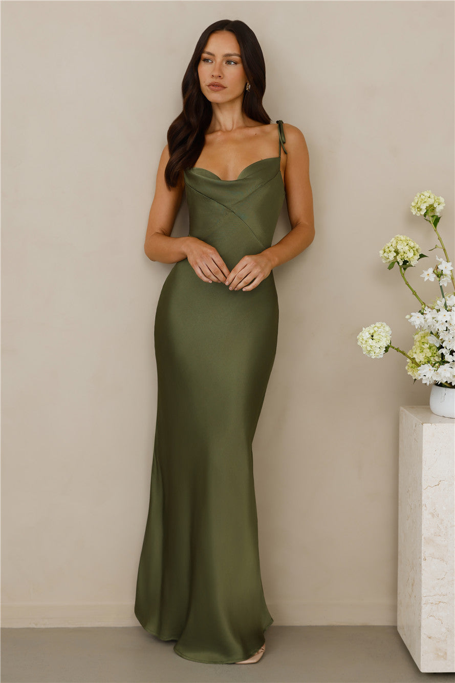 The Penelope Cowl Satin Maxi Dress Olive