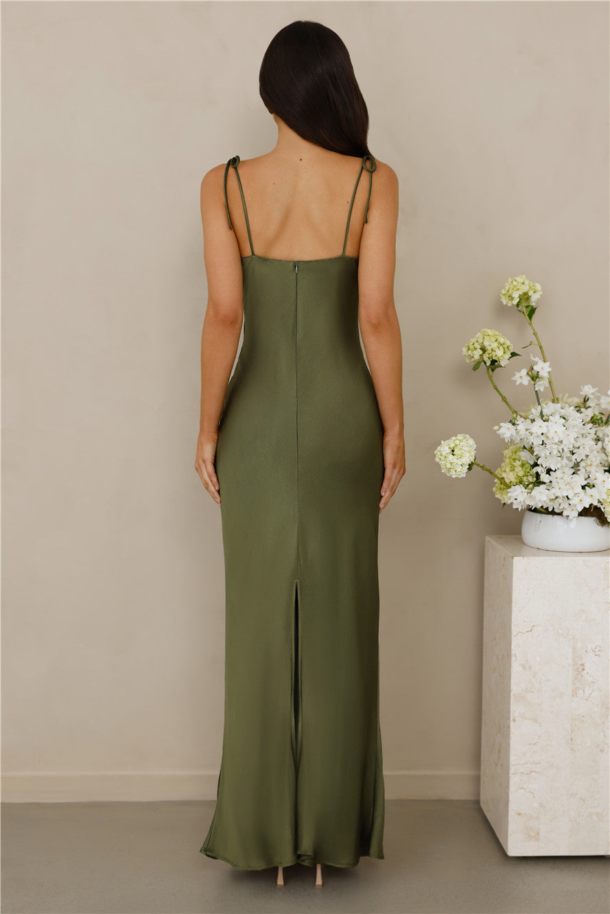 The Penelope Cowl Satin Maxi Dress Olive