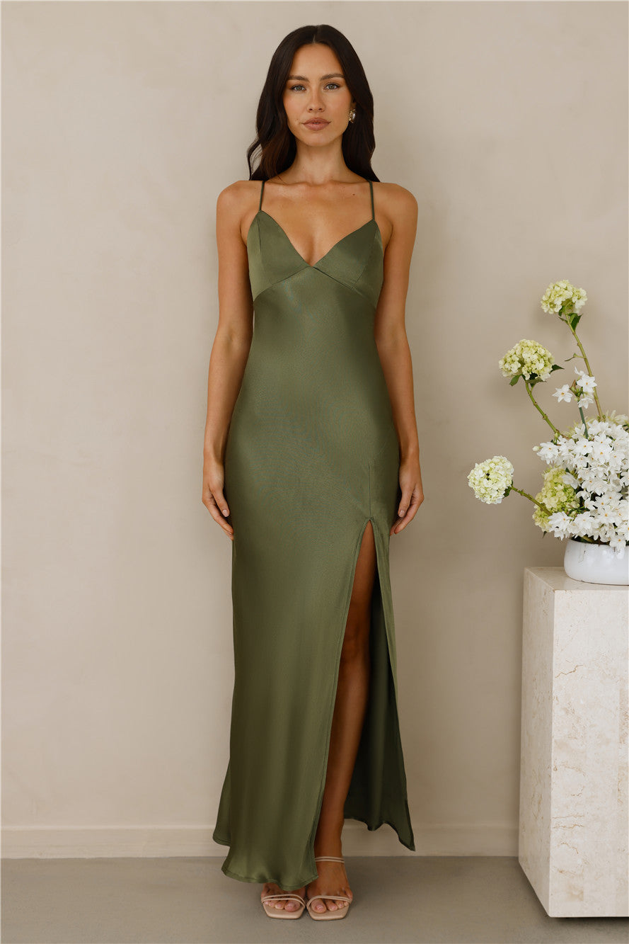 The Sophia Satin Maxi Dress Olive