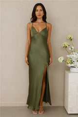 The Sophia Satin Maxi Dress Olive