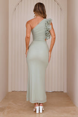 Luxe By Moonlight One Shoulder Mesh Maxi Dress Sage