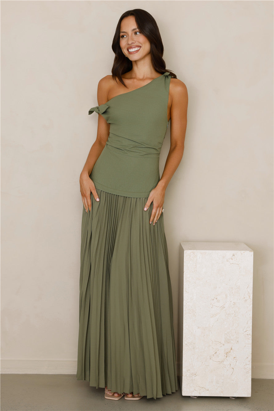 Pure Majesty Off Shoulder Maxi Dress Olive