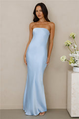 The Felicity Strapless Satin Maxi Dress Blue