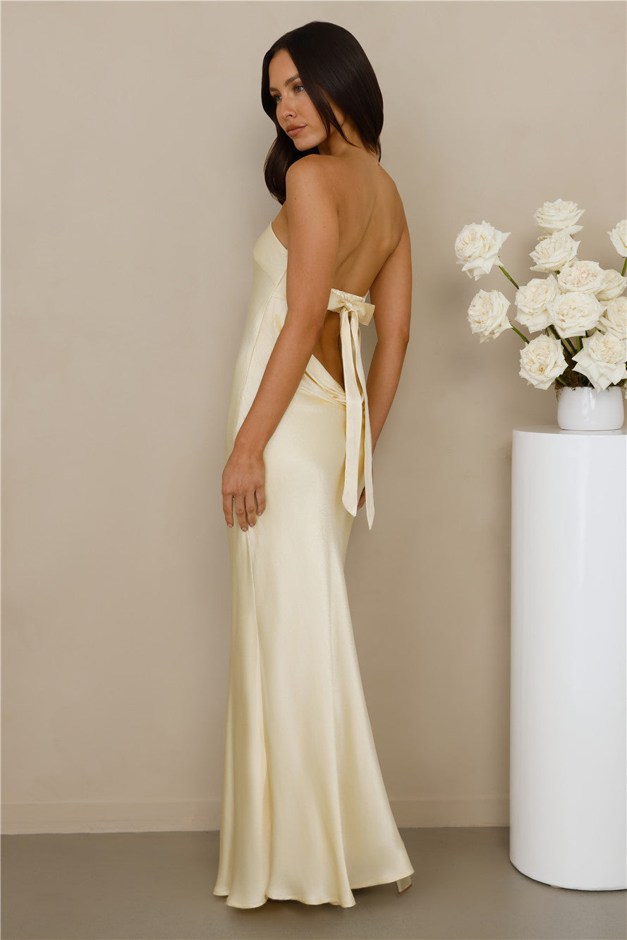 The Felicity Strapless Satin Maxi Dress Yellow