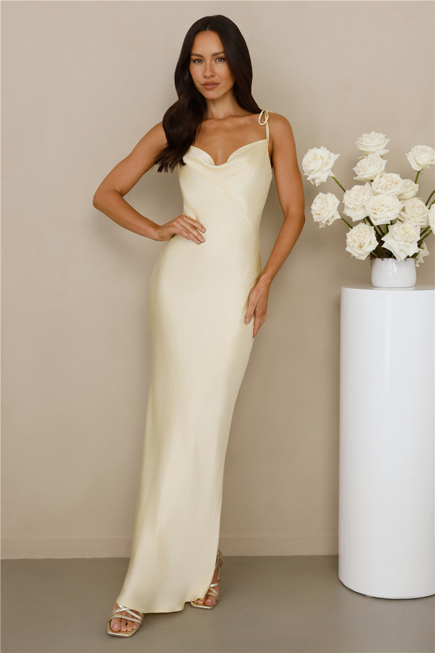 The Penelope Cowl Satin Maxi Dress Yellow