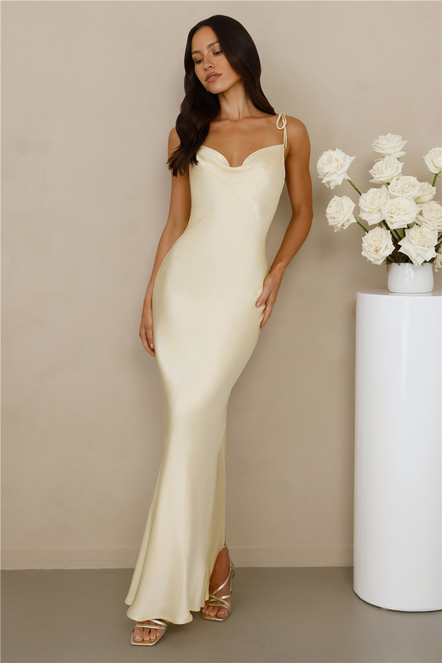 The Penelope Cowl Satin Maxi Dress Yellow