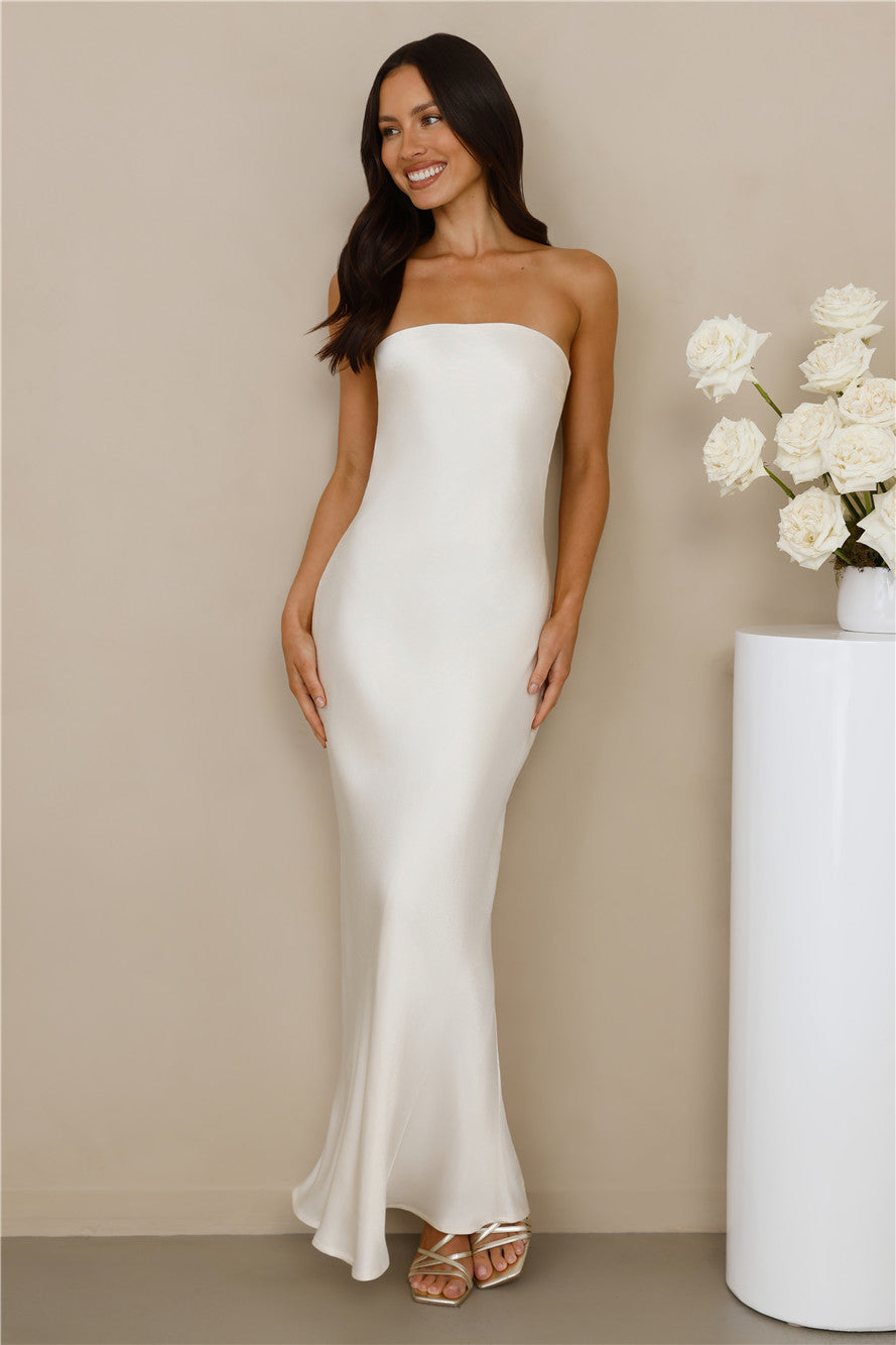The Felicity Strapless Satin Maxi Dress Pearl