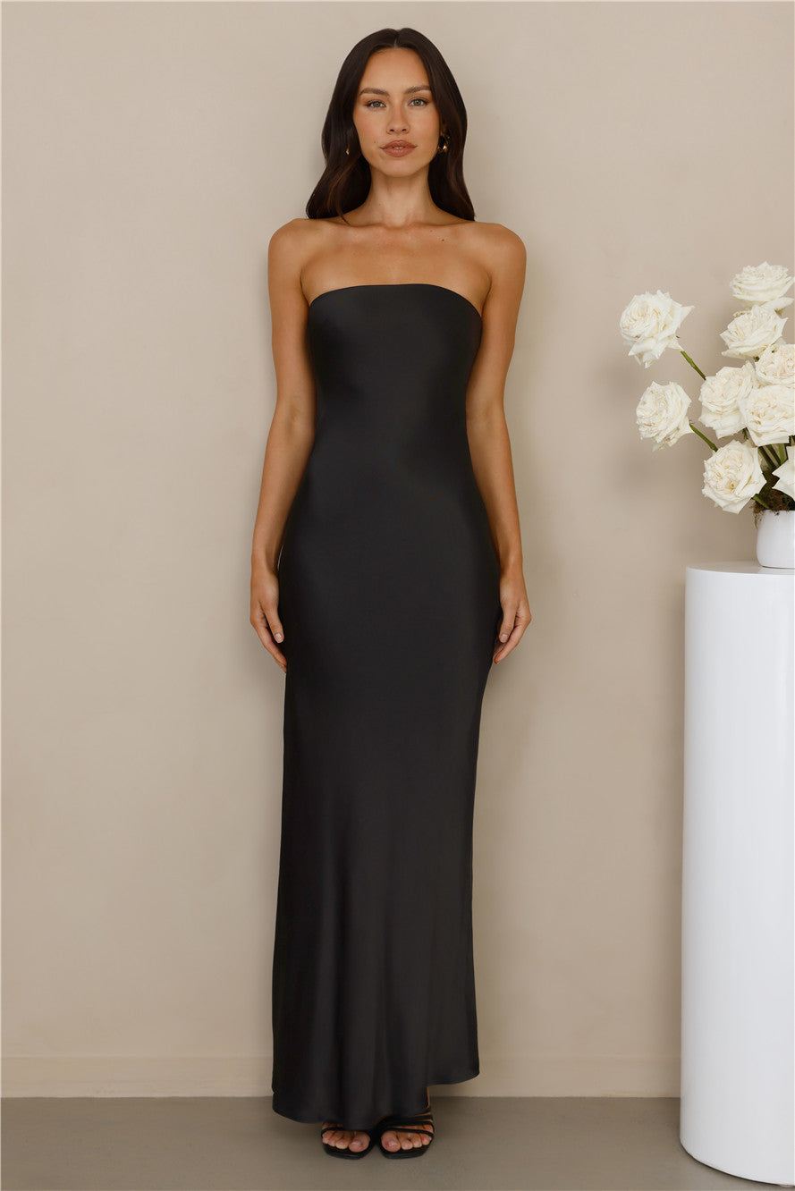 The Felicity Strapless Satin Maxi Dress Black