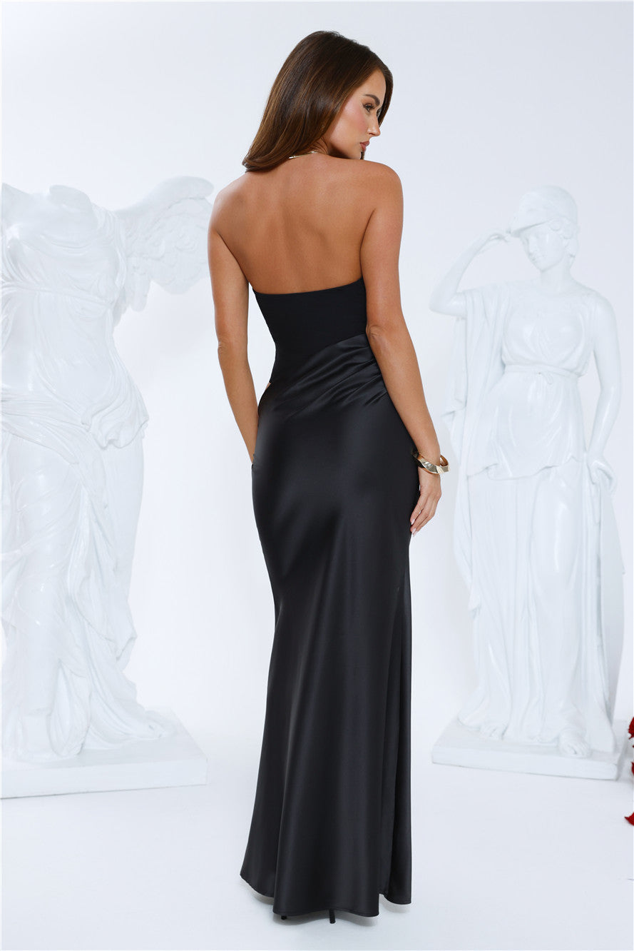 Elevated Simplicity Strapless Satin Maxi Dress Black