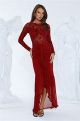 Flirtation Hour Lace Long Sleeve Maxi Dress Burgundy