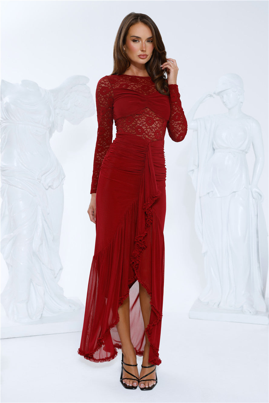Flirtation Hour Lace Long Sleeve Maxi Dress Burgundy