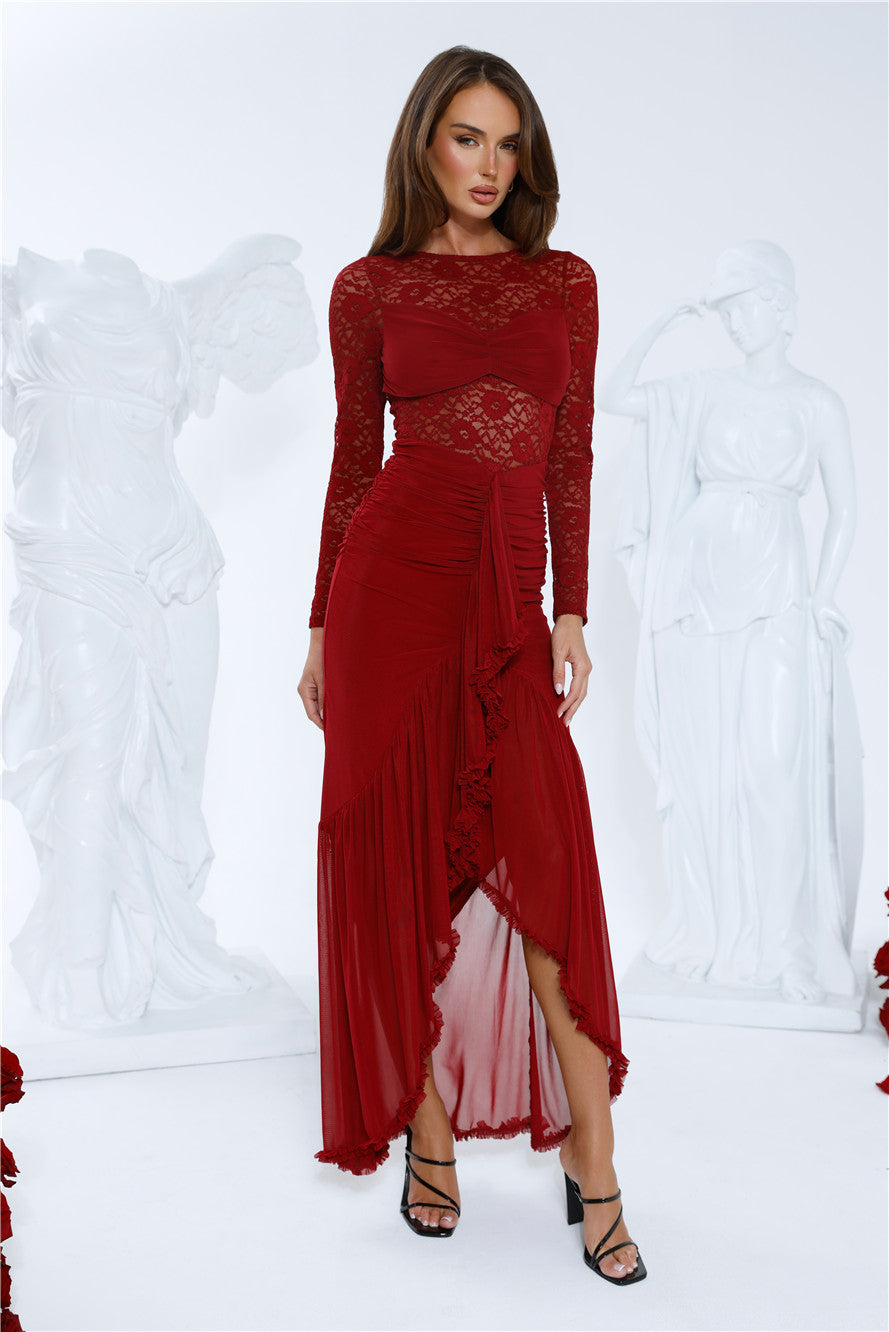 Flirtation Hour Lace Long Sleeve Maxi Dress Burgundy