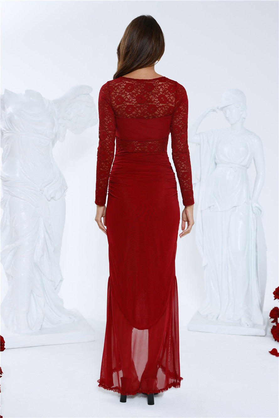 Flirtation Hour Lace Long Sleeve Maxi Dress Burgundy