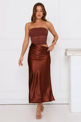 Luxe Attitude Satin Mesh Strapless Maxi Dress Brown