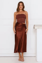 Luxe Attitude Satin Mesh Strapless Maxi Dress Brown