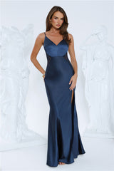 Silver Moonlight Satin Maxi Dress Navy