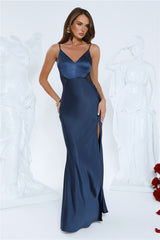 Silver Moonlight Satin Maxi Dress Navy