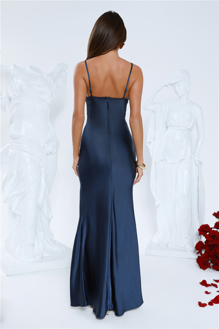 Silver Moonlight Satin Maxi Dress Navy