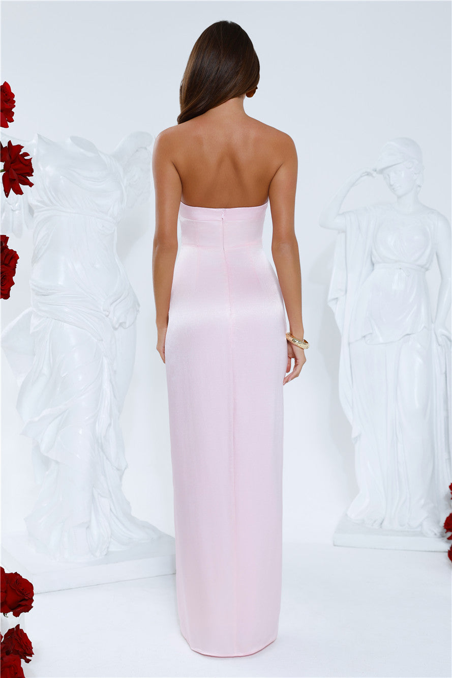 Sleek Aura Strapless Satin Maxi Dress Pink
