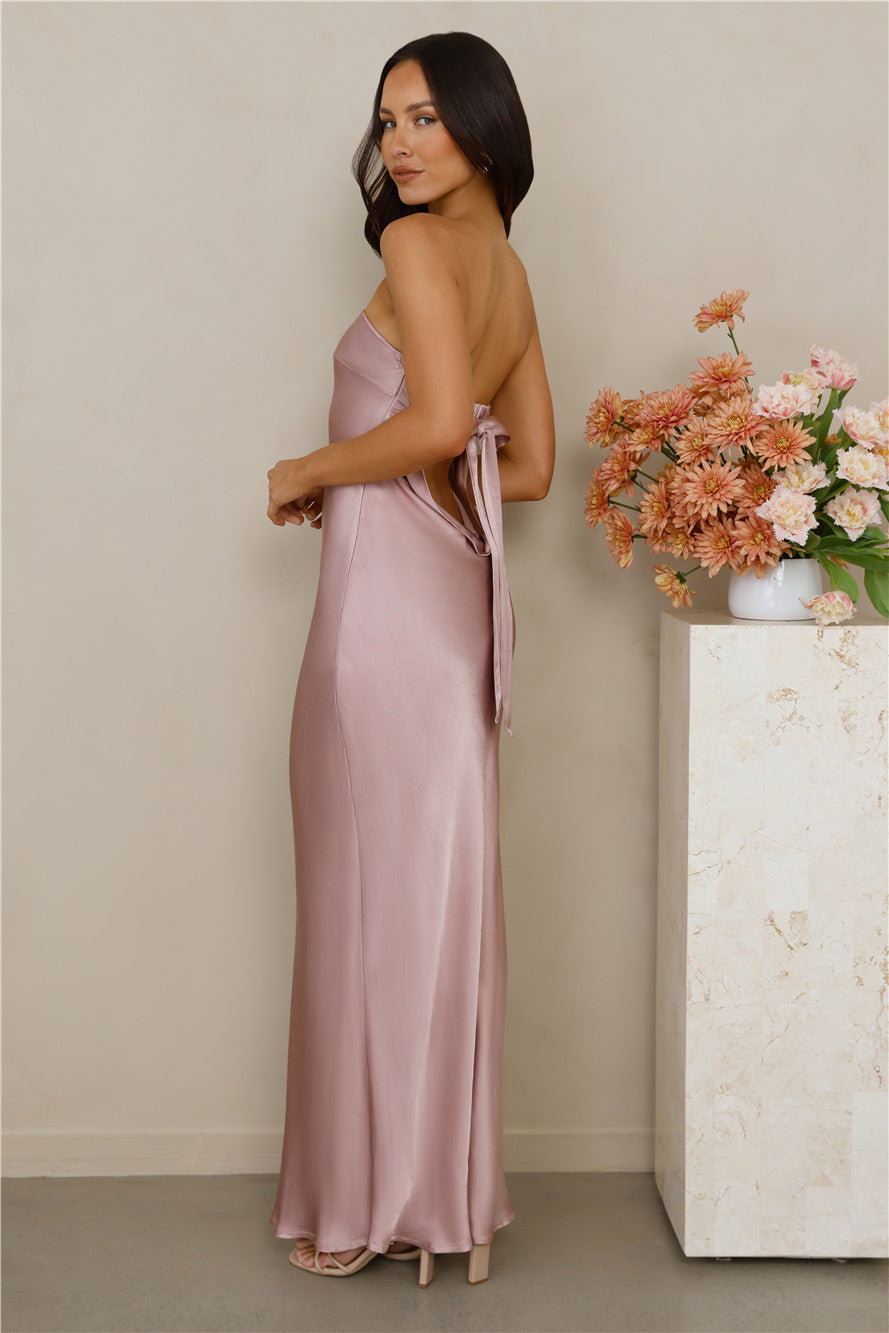 The Felicity Strapless Satin Maxi Dress Dusty Pink