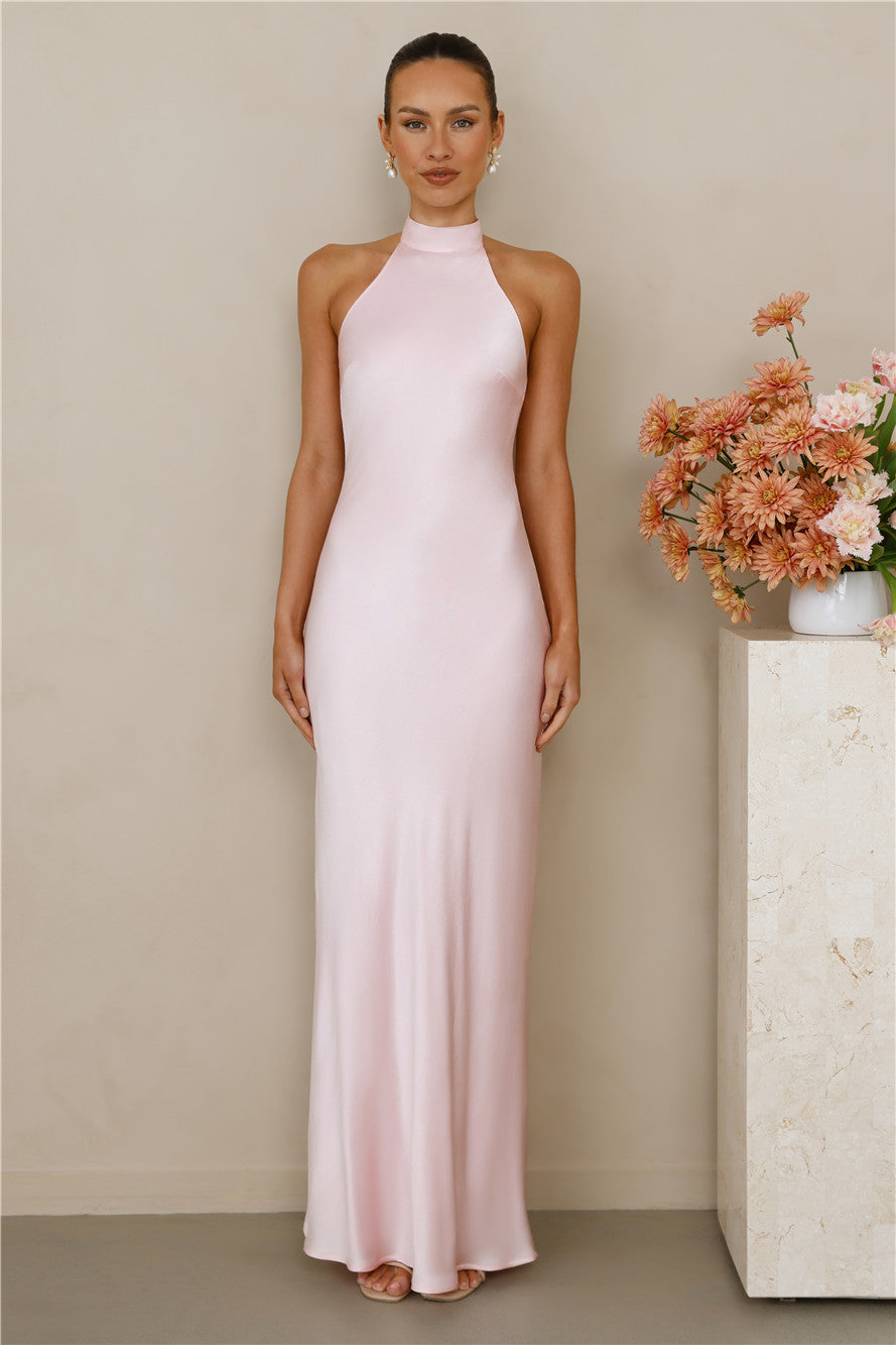 The Cleo Halter Satin Maxi Dress Pink