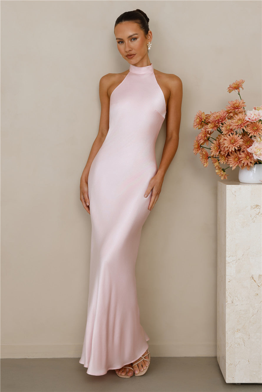 The Cleo Halter Satin Maxi Dress Pink