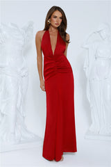 Silhouette Theory Halter Satin Maxi Dress Red