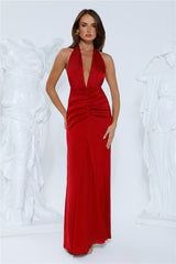 Silhouette Theory Halter Satin Maxi Dress Red