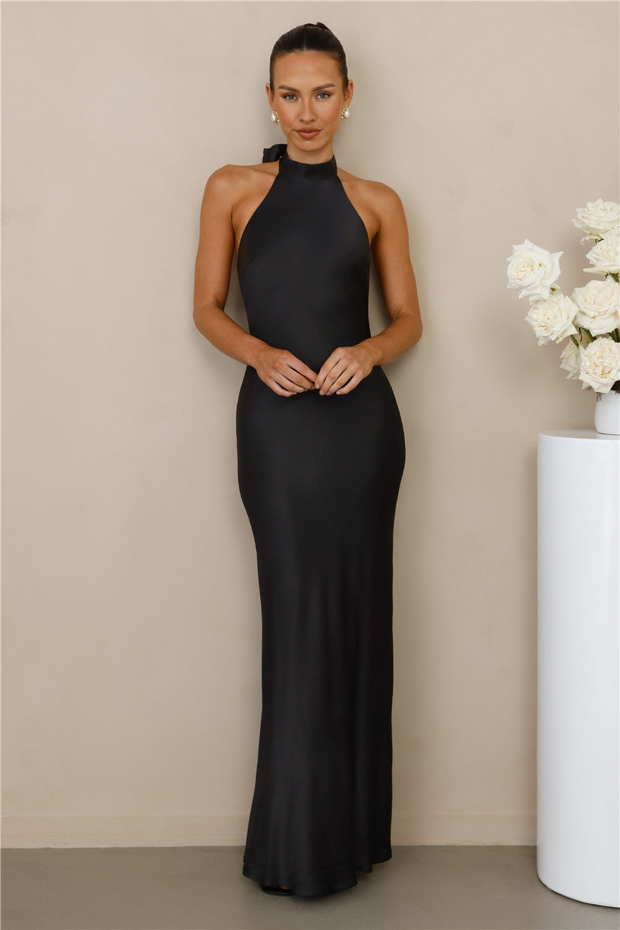 The Cleo Halter Satin Maxi Dress Black
